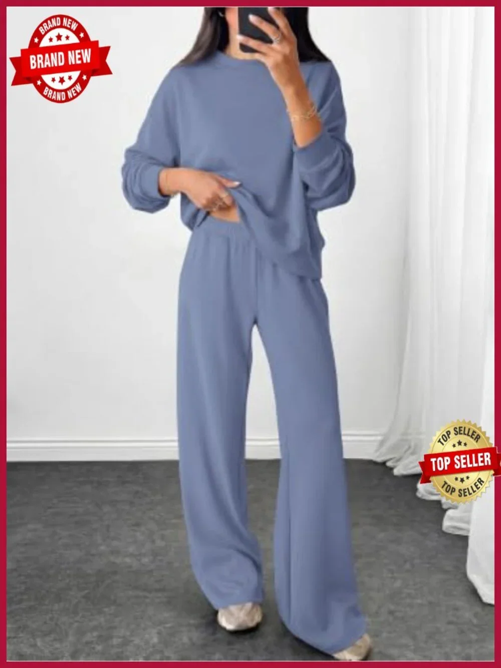 Womens 2 Piece Lounge Set Oversized Crewneck Sweatshirt Wide Leg Pants Pockets